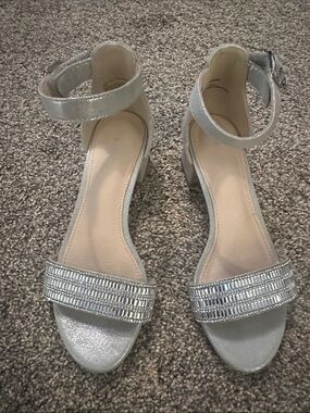 Girls' Silver Ankle-Strap Dress Sandals with Beaded Toe Band